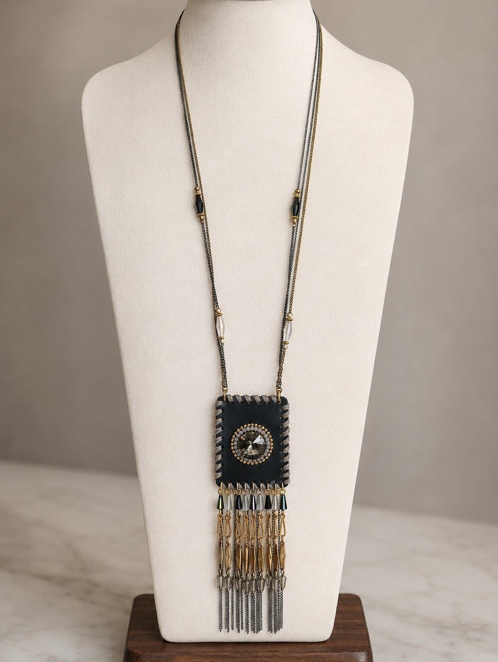 ALISHA D LONG LEATHER TASSEL PENDANT STATEMENT NECKLACE BOHO FESTIVAL WESTERN